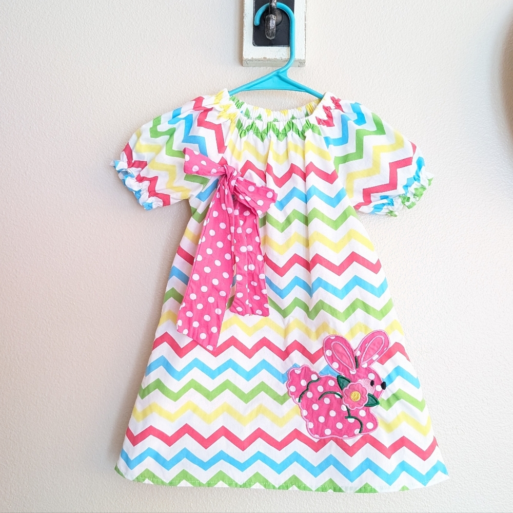 Boutique Colorful Chevron Dress Polka Dot Pink Bow and Easter Bunny Applique 3T